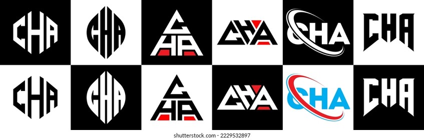 CHA letter logo design in six style. CHA polygon, circle, triangle, hexagon, flat and simple style with black and white color variation letter logo set in one artboard. CHA minimalist and classic logo