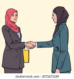 Chaarcter of two hijab business women shake hand for project agreement deal. Hand drawn flat vector illustration