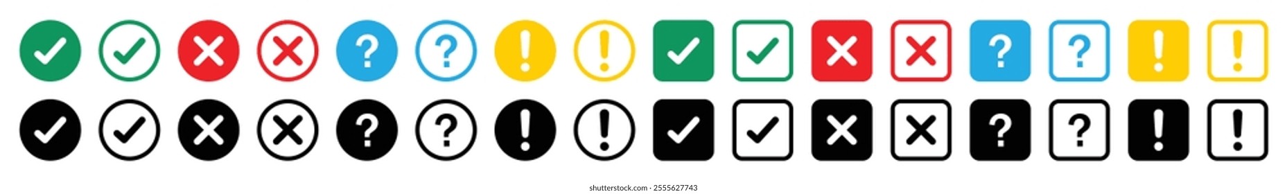 Chack list vector icon set in different color. Tick, cross, exclamation point or question marks sign symbol. True and false, yes or no sign symbol. Vector illustration.