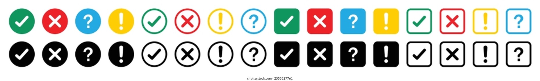 Chack list vector icon set in different color. Tick, cross, exclamation point or question marks sign symbol. Yes and no, true or false symbol. Flat and outline style. Vector illustration.