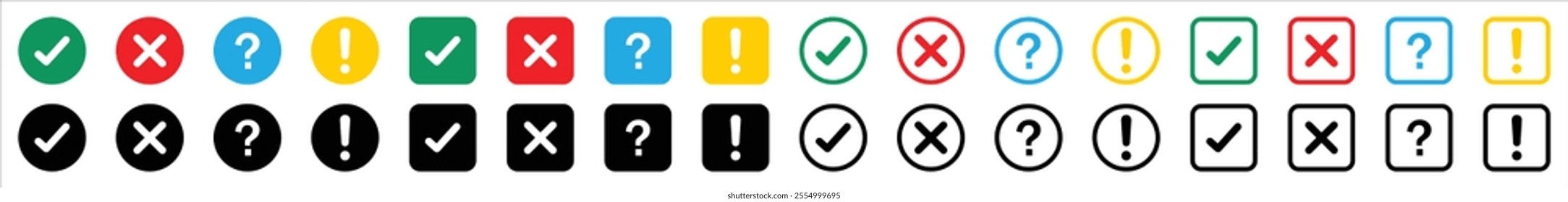 Chack mark, cross mark, questions mark and exclamations point sign icons isolated set. Chack cross and exclamation mark big set. Red, green and yellow isolated square and circle. Vector illustration.