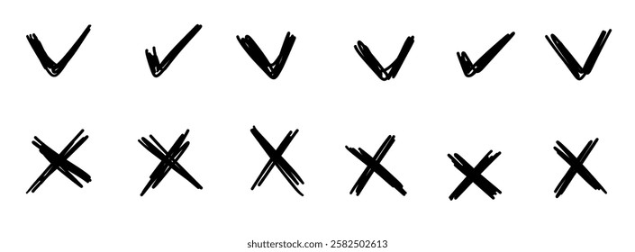 Chack mark wrong approved symbols set. doodle sketchy style collection for business, simple naive style