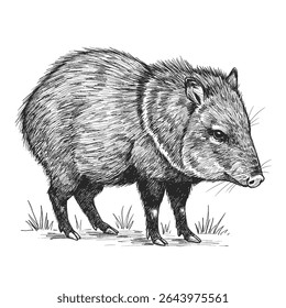 Chacoan Peccary. An intricate peccary sketch showcasing a detailed animal figure. The drawing features fine lines and shading to highlight the peccary's fur and form, set against a simple background 