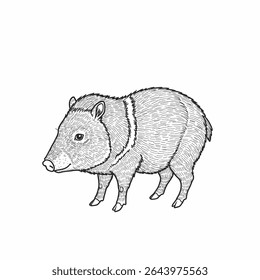 Chacoan Peccary. An intricate peccary sketch showcasing a detailed animal figure. The drawing features fine lines and shading to highlight the peccary's fur and form, set against a simple background 