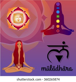 Chacra. Muladhara/ Symbols of seven chakras and woman silhouette vector. Chakra muladhara vector icon. Chacra. Yoga.