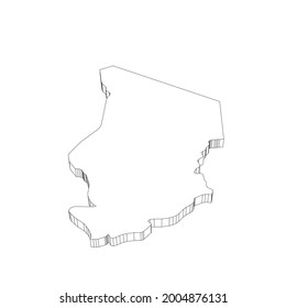 Chad - 3D black thin outline silhouette map of country area. Simple flat vector illustration