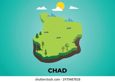 chad 3d isometric map with topographic details mountains, trees and soil vector illustration design