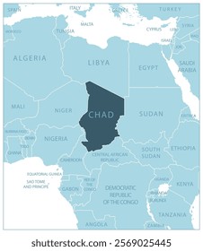 Chad - blue map with neighboring countries and names. Vector illustration