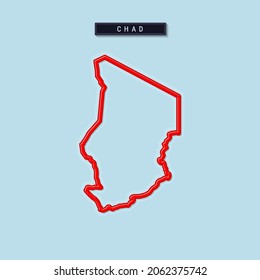 Chad bold outline map. Glossy red border with soft shadow. Country name plate. 3D vector illustration.