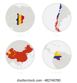 Chad, Chile, China, Colombia map contour and national flag in a circle. Vector Illustration.