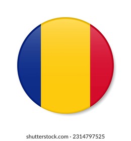Chad circle button icon. Chadian round badge flag with shadow. 3D realistic vector illustration isolated on white.