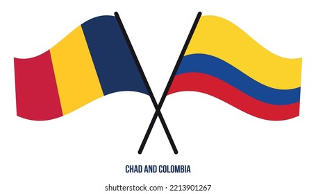 Chad and Colombia Flags Crossed And Waving Flat Style. Official Proportion. Correct Colors.