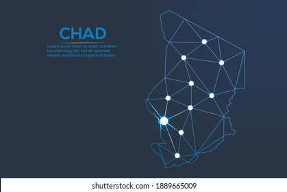 Chad communication network map. Vector low poly image of a global map with lights in the form of cities. Map in the form of a constellation, mute and stars.