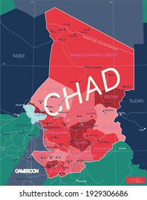 Chad country detailed editable map with regions cities and towns, roads and railways, geographic sites. Vector EPS-10 file