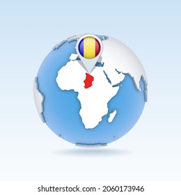 Mapa y bandera de Chad en el mundo, mapa del mundo. Ilustración del vector 3D