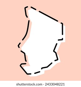 Mapa simplificado de Chad. Silueta blanca con contorno roto negro sobre fondo rosa. Icono de vector simple