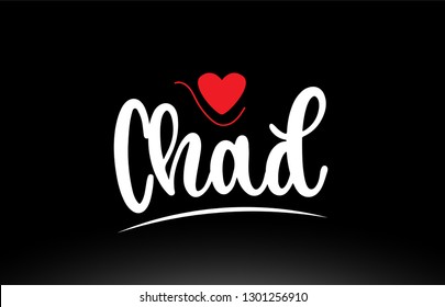 Chad country text with red love heart on black background suitable for a logo icon or typography design