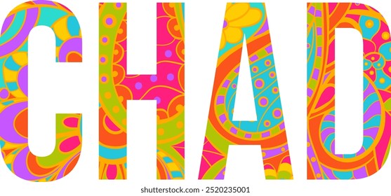 Chad creative country name text design filled with colorful doodle pattern	