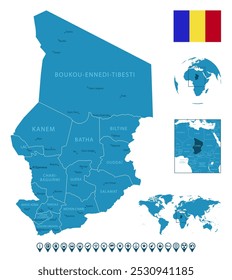 Chad - detailed blue country map with cities, regions. Location on world map and globe. Infographic icons. Vector illustration.