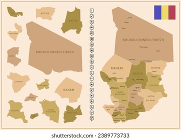 Chad - detailed map of the country in brown colors, divided into regions. Vector illustration