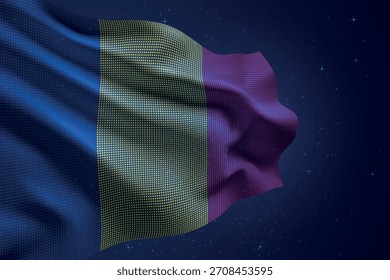 Chad dotted LED-style flag waving against night sky with futuristic effect