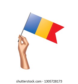 Chad flag and hand on white background. Vector illustration