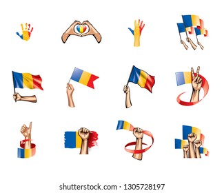 Chad flag and hand on white background. Vector illustration