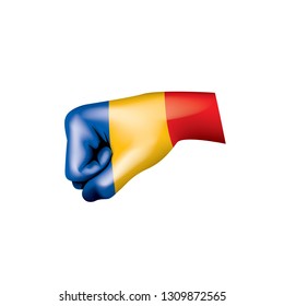 Chad flag and hand on white background. Vector illustration