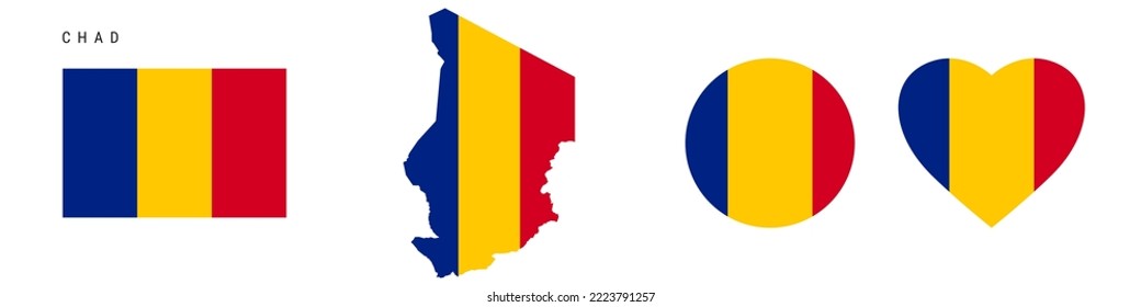 Chad flag icon set. Chadian pennant in official colors and proportions. Rectangular, map-shaped, circle and heart-shaped. Flat vector illustration isolated on white.