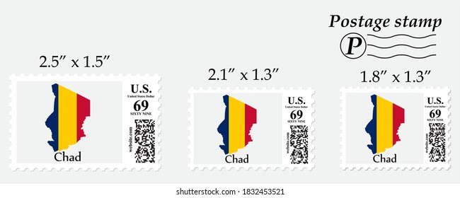 Chad flag map on postage stamp different size.