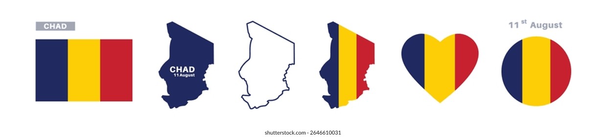 chad flag and map set. chad flag in official colors and proportions. independence day 11 august , map, circle and heart shaped chad