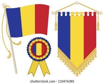 chad flag, rosette and pennant, isolated on white