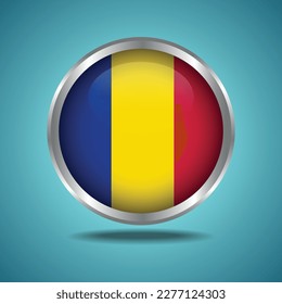 The Chad flag. Round glossy. Silver frame. Isolated on color gradient background
