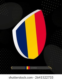 Chad Flag Shield icon in 3D on Dark Modern Abstract Rugby Background. Perfect for sports events, heritage themes, national celebrations, and patriotic designs.