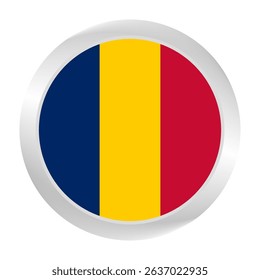 The Chad flag.  Silver frame. Circle flag icon logo. Round glossy. Flag icon. Standard color. Digital illustration. 