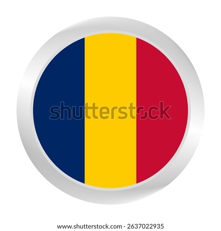 The Chad flag.  Silver frame. Circle flag icon logo. Round glossy. Flag icon. Standard color. Digital illustration. 