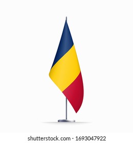 Chad flag state symbol isolated on background national banner. Greeting card National Independence Day of the Republic of Chad. Illustration banner with realistic state flag.