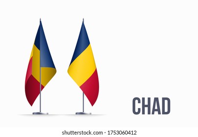 Símbolo del estado de la bandera de Chad aislado en una bandera nacional de fondo. Tarjeta de saludo Día Nacional de la Independencia de la República de Chad. Cartel de ilustración con bandera de estado realista.