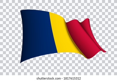 Símbolo del estado de la bandera de Chad aislado en una bandera nacional de fondo. Tarjeta de saludo Día Nacional de la Independencia de la República de Chad. Cartel de ilustración con bandera de estado realista.