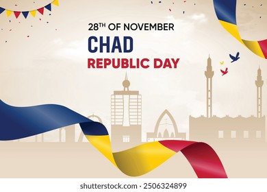 Chad Flag Waving On Skyline Background. Republic Day Concept Design Vector Illustration.