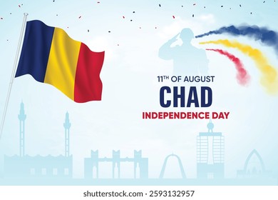 Chad Flag Waving On Skyline Background. Independence Day Concept Design Vector Illustration.