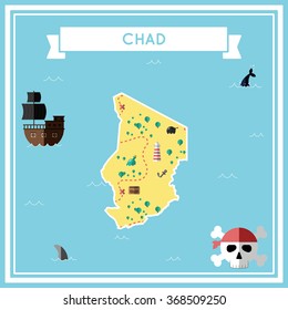 Chad flat treasure map. Colorful cartoon treasure map of Chad with flat icons of pirate ship, jolly roger, treasure chest and banner ribbon. Flat design vector illustration.