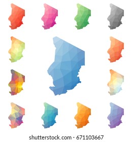 Chad geometric polygonal, mosaic style maps collection. Bright abstract tessellation, low poly style, modern design. Chad polygonal maps for your infographics or presentation.