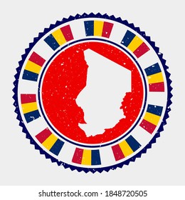 Tschad stempelt. Runde Logo mit Karte und Flagge des Tschad. Länderstempel. Vektorgrafik.