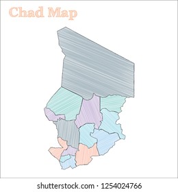 Chad hand-drawn map. Colorful sketchy country outline. Dazzling Chad map with provinces. Vector illustration.