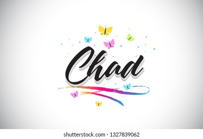 Chad Handwritten Word Text with Butterflies and Colorful Swoosh Vector Illustration Design.