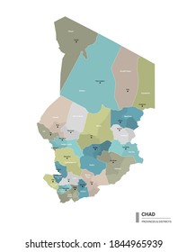 Chad high detailed map with subdivisions. Administrative map of Chad with districts and cities name, colored by states and administrative districts. Vector illustration