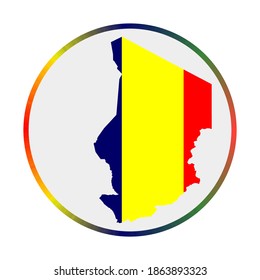 Chad icon. Shape of the country with Chad flag. Round sign with flag colors gradient ring. Radiant vector illustration.