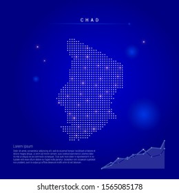 Chad illuminated map with glowing dots. Infographics elements. Dark blue space background. Vector illustration. Growing chart, lorem ipsum text.