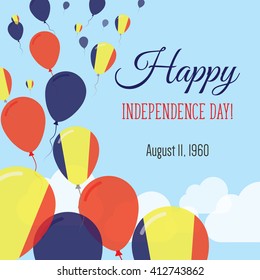 Chad Independence Day Greeting Card. Flying Flat Balloons In National Colors of Chad. Happy Independence Day Vector Illustration. Chadian Flag Balloons.